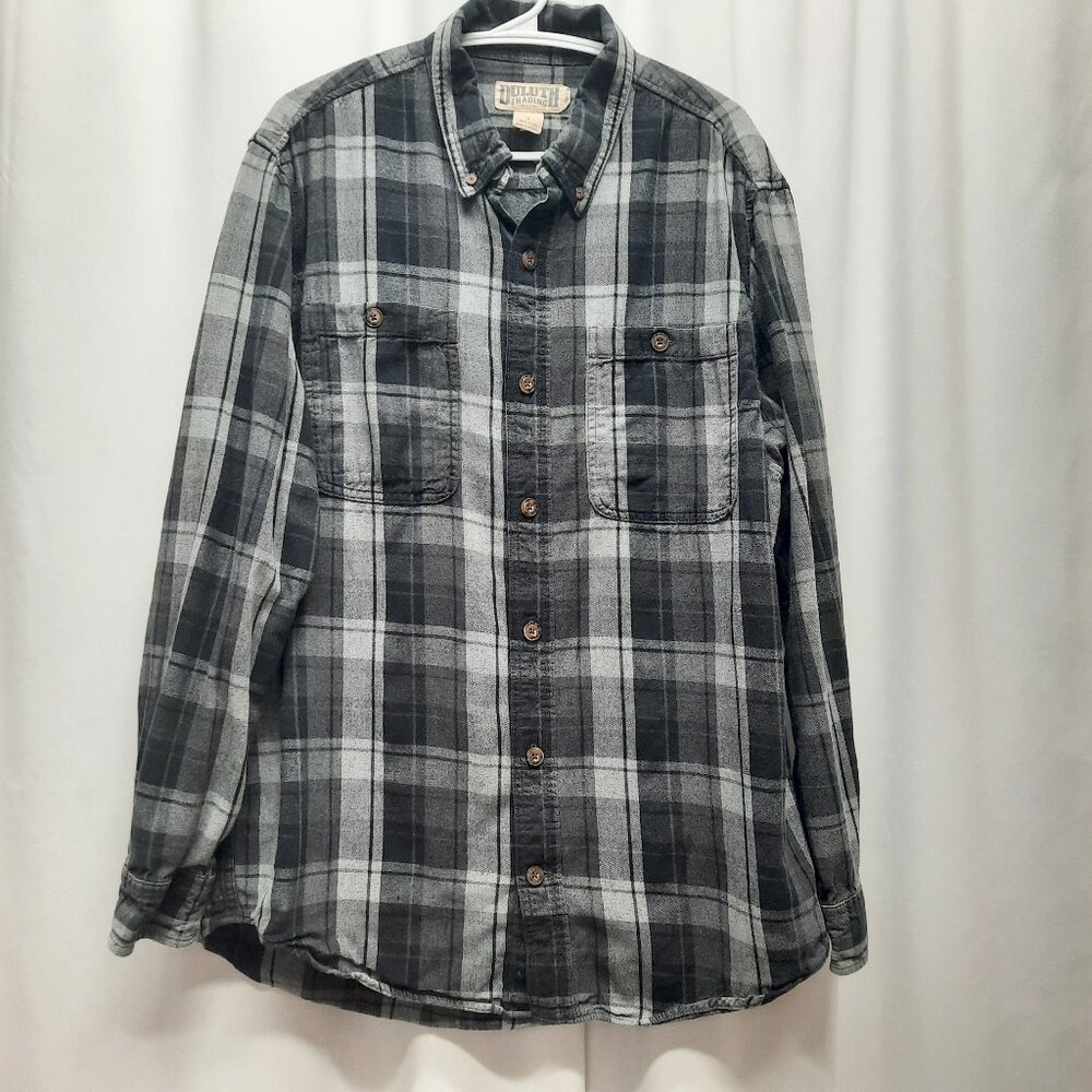 Duluth Trading Co Men's Large Slim Fit Flannel Shirt Gray Plaid 100% Cotton
